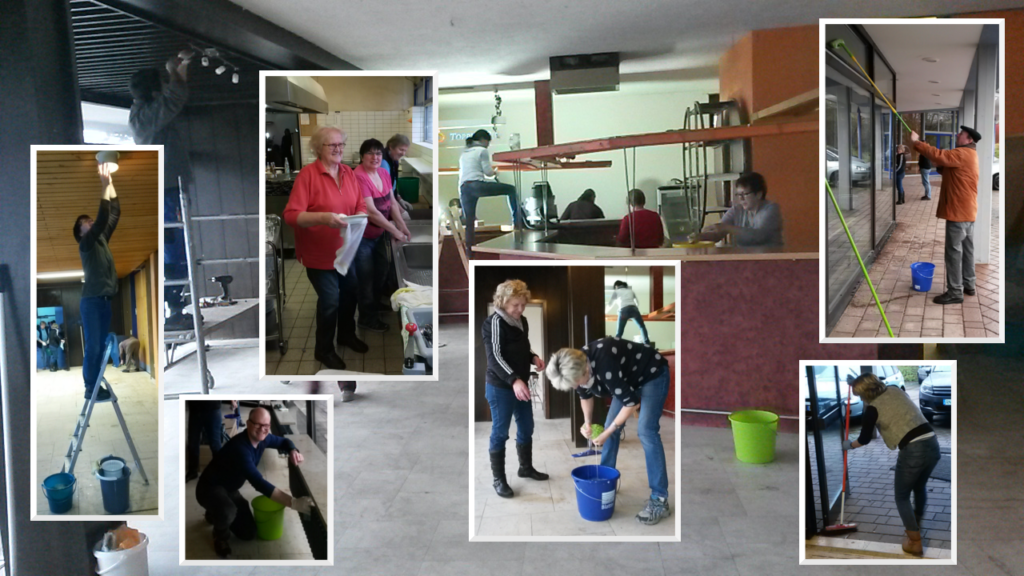 Putzaktion in der "Wunderbar": Menschen putzen Fenster, Böden und Lampen.