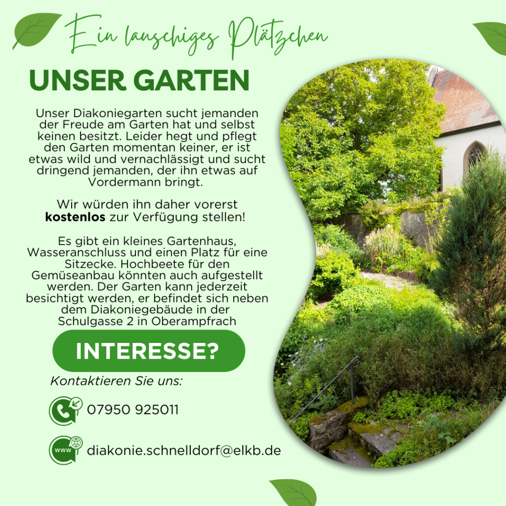Garden plot advertisement: "Our Garden. Looking for garden lovers!" Contact details and website included.