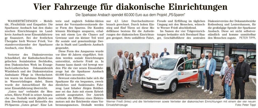 Werner Friess and representatives with a new Fiat Panda, a donation from Sparkasse Ansbach for diaconal services.