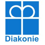 Diakonie logo: Blue abstract cross with white overlapping circles, text "Diakonie