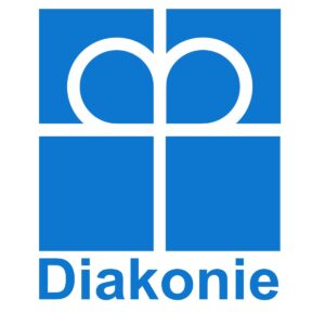 Diakonie logo: Blue abstract cross with white overlapping circles, text "Diakonie